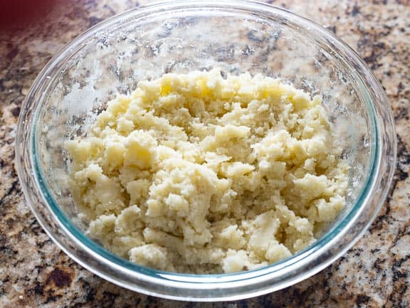 Clear bowl of mashed potatoes used to make the Indian Potato patties