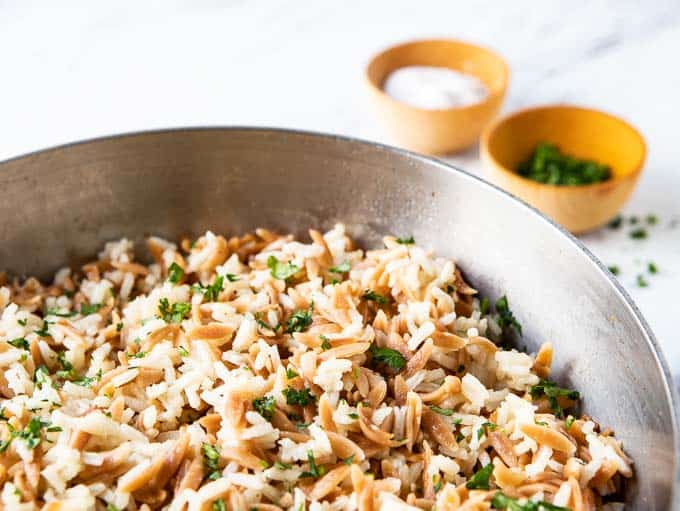 Close up of Rice Pilaf with Orzo in a saucepan. 
