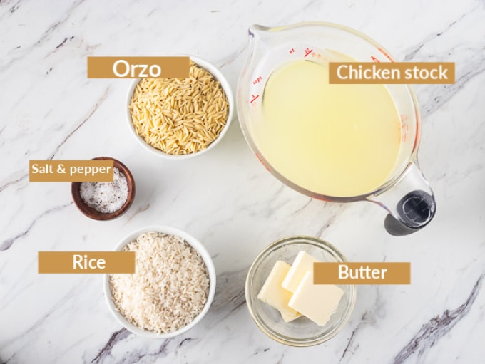 Overhead photo of all the ingredients needed to make rice pilaf with orzo.