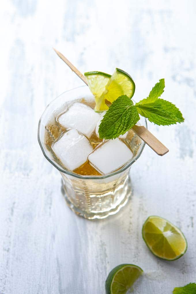 Overhead image of a single glass of moscow mule with gin.