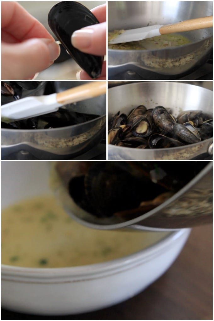 Step by step photos of how to steam mussels