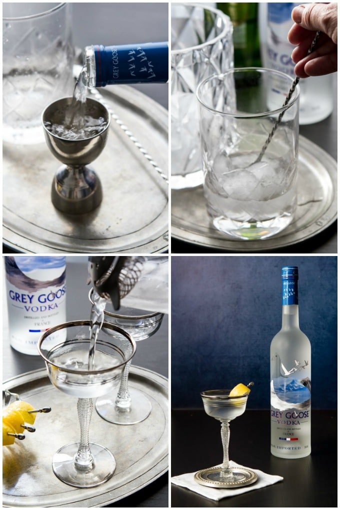 Step by step photos of how to make a vodka martini.
