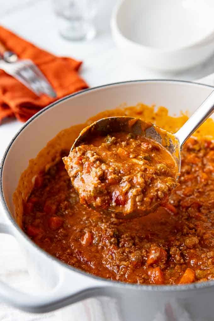 Dutch oven with authentic Bolognese sauce