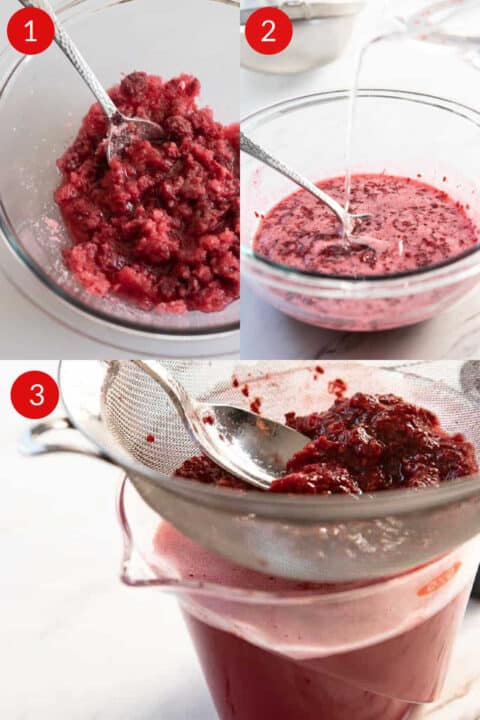 Step by step photos of how to make raspberry simple syrup. 