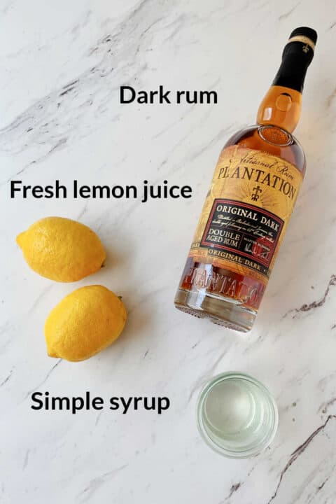 Ingredients for the rum sour cocktail recipe.