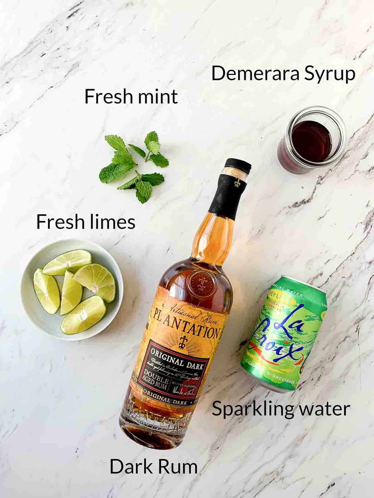 Ingredients for the dark rum mojito cocktail recipe